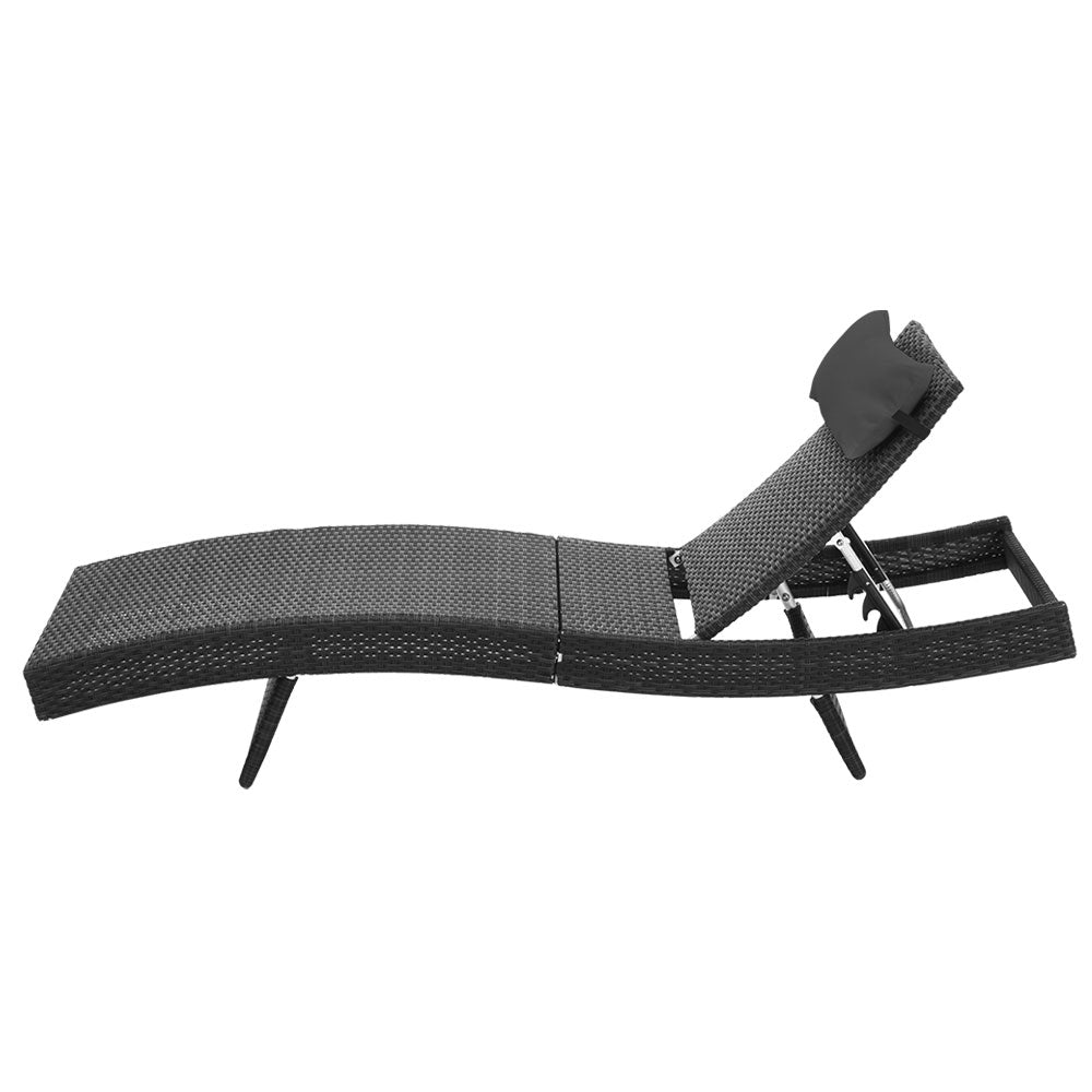 Gardeon Outdoor Wicker Sun Lounge in Black with lavender grey pillow, showcasing its elegant design and adjustable features.