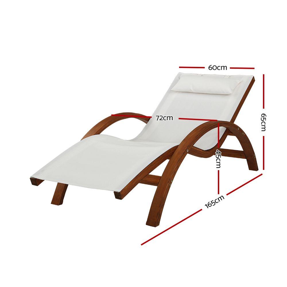 Gardeon Outdoor Wooden Sun Lounge Chair with cream pillow, showcasing elegant curved design and sturdy larch wood construction, perfect for garden or patio.