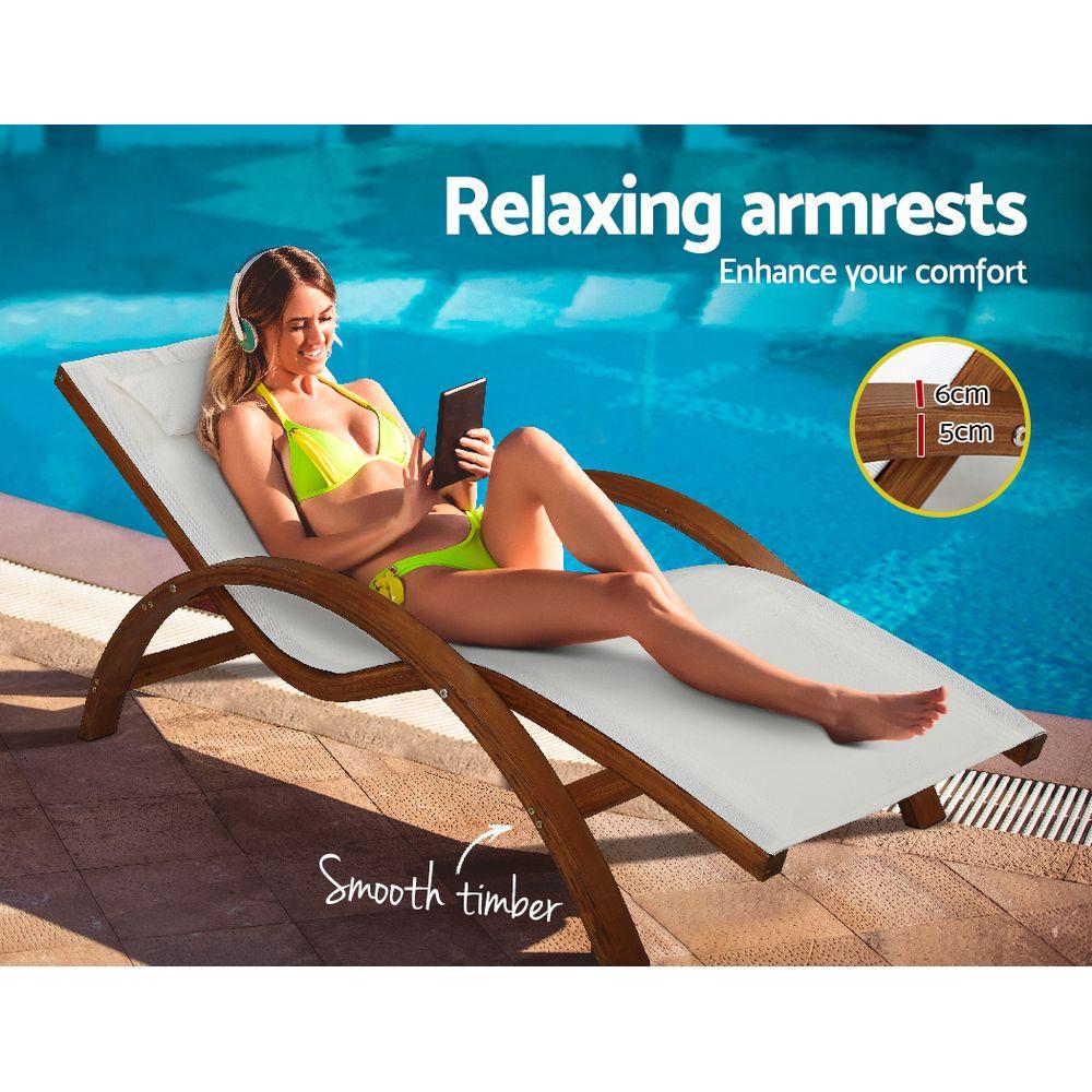 Gardeon Outdoor Wooden Sun Lounge Chair with cream pillow, showcasing elegant curved design and sturdy larch wood construction, perfect for garden or patio.