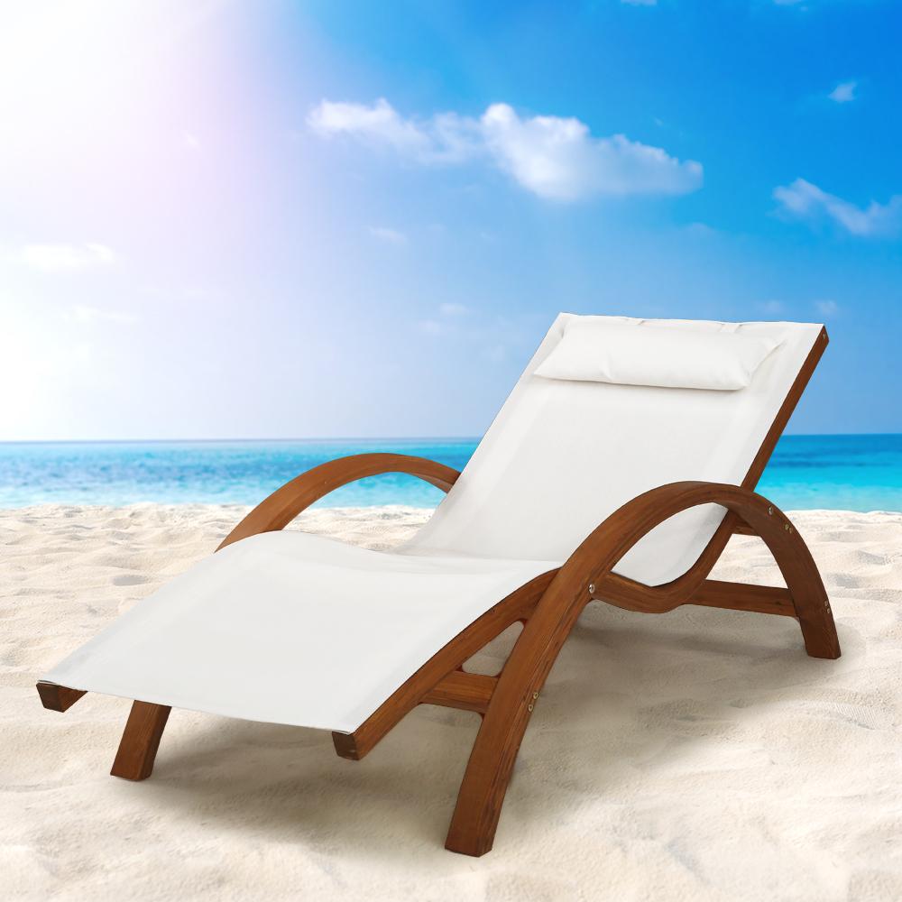 Gardeon Outdoor Wooden Sun Lounge Chair with cream pillow, showcasing elegant curved design and sturdy larch wood construction, perfect for garden or patio.