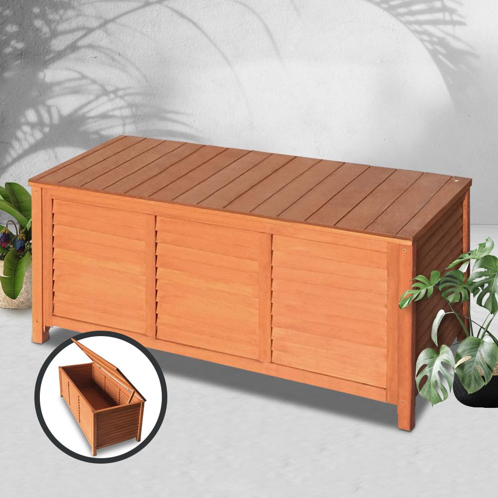 Gardeon Outdoor Fir Wooden Storage Bench showcasing its natural wood finish and slat design, perfect for outdoor and indoor use.