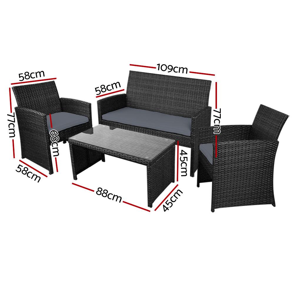 Gardeon Rattan Furniture Outdoor Lounge Setting featuring two armchairs, a two-seater sofa, and a glass-topped table in a stylish black and grey design.