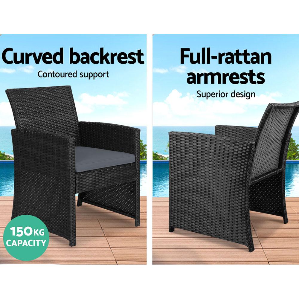 Gardeon Rattan Furniture Outdoor Lounge Setting featuring two armchairs, a two-seater sofa, and a glass-topped table in a stylish black and grey design.