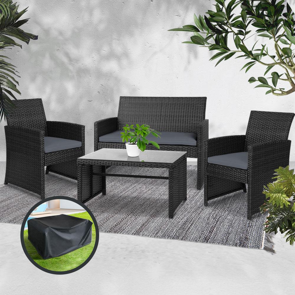 Gardeon Rattan Furniture Outdoor Lounge Setting featuring two armchairs, a two-seater sofa, and a glass-topped table in a stylish black and grey design.