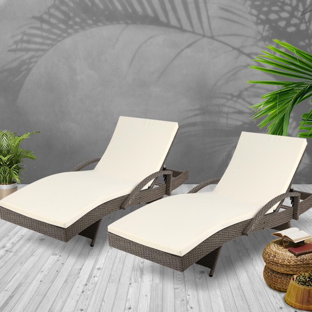 Gardeon Set of 2 Outdoor Sun Lounge Chairs in Grey with Beige Cushions, featuring a sleek design and adjustable backrest.