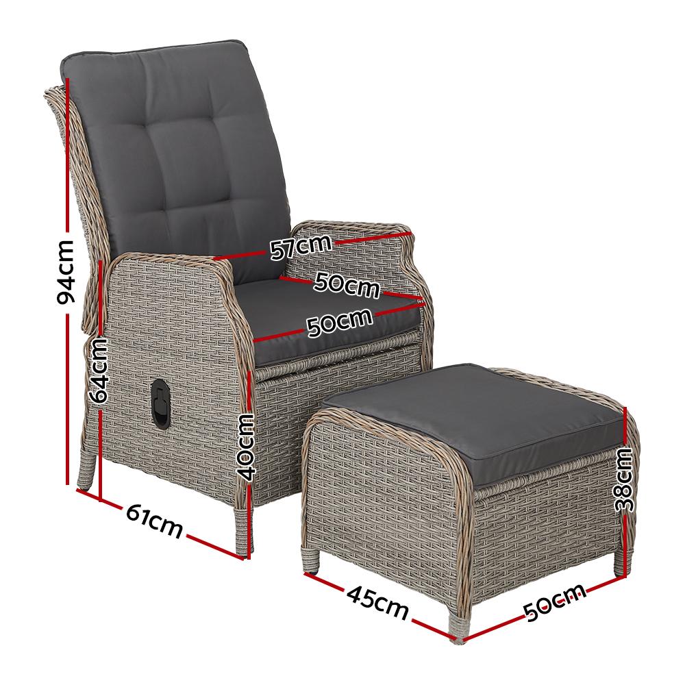 Gardeon Set of 2 Recliner Chairs in grey wicker with matching ottomans, perfect for outdoor lounging.