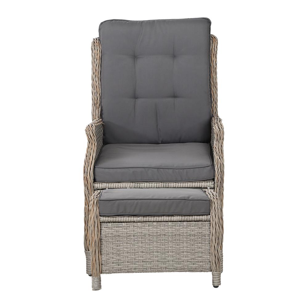 Gardeon Set of 2 Recliner Chairs in grey wicker with matching ottomans, perfect for outdoor lounging.