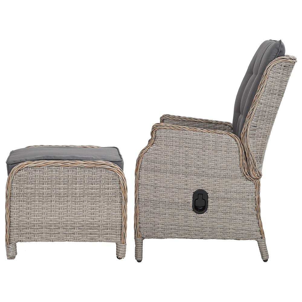 Gardeon Set of 2 Recliner Chairs in grey wicker with matching ottomans, perfect for outdoor lounging.