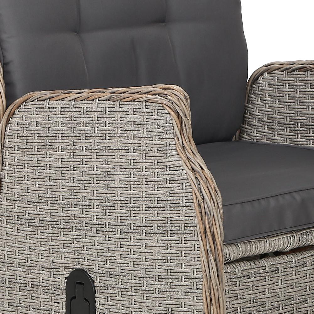 Gardeon Set of 2 Recliner Chairs in grey wicker with matching ottomans, perfect for outdoor lounging.