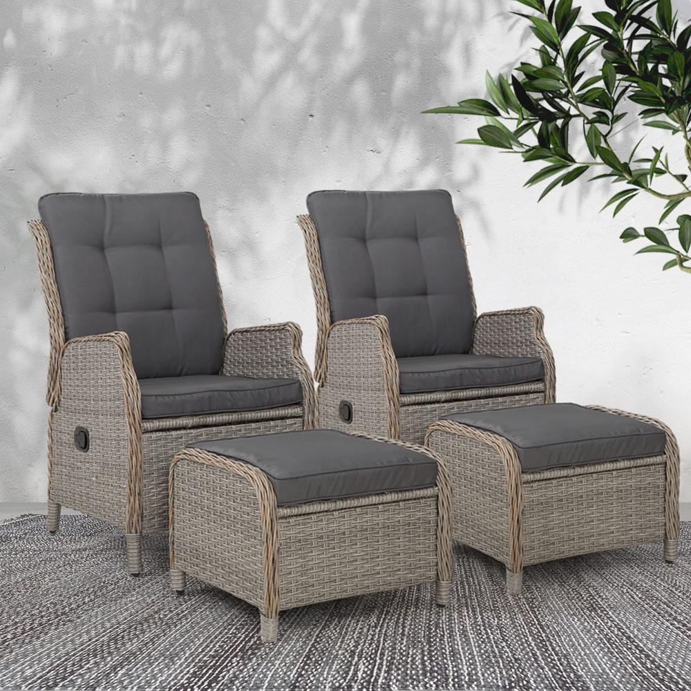 Gardeon Set of 2 Recliner Chairs in grey wicker with matching ottomans, perfect for outdoor lounging.