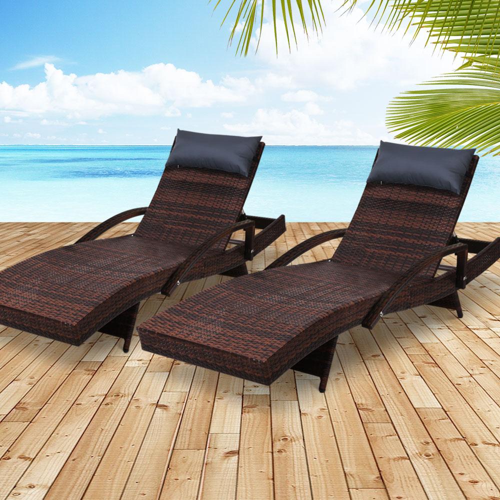 Gardeon Set of 2 Sun Lounge Outdoor Furniture featuring stylish wicker design and adjustable backrests, perfect for outdoor relaxation.