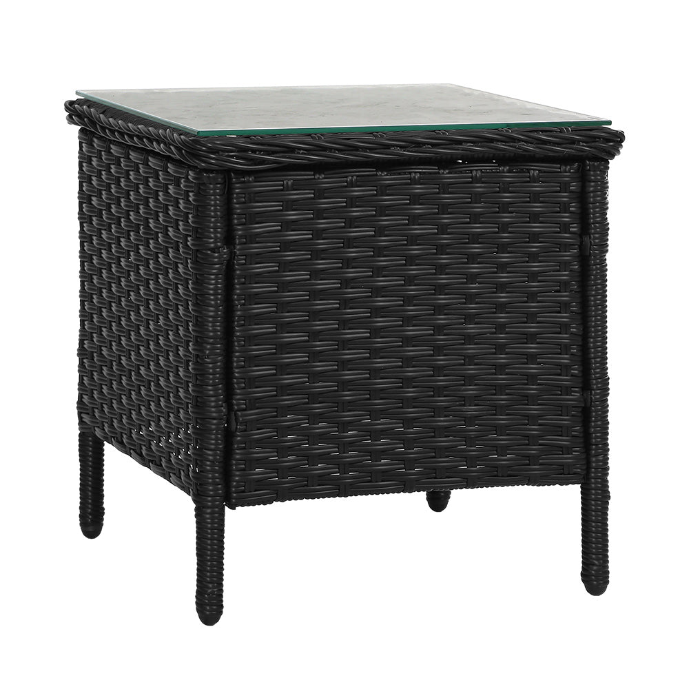 Gardeon Side Table featuring a stylish rattan weave and tempered glass top, perfect for outdoor and indoor use.