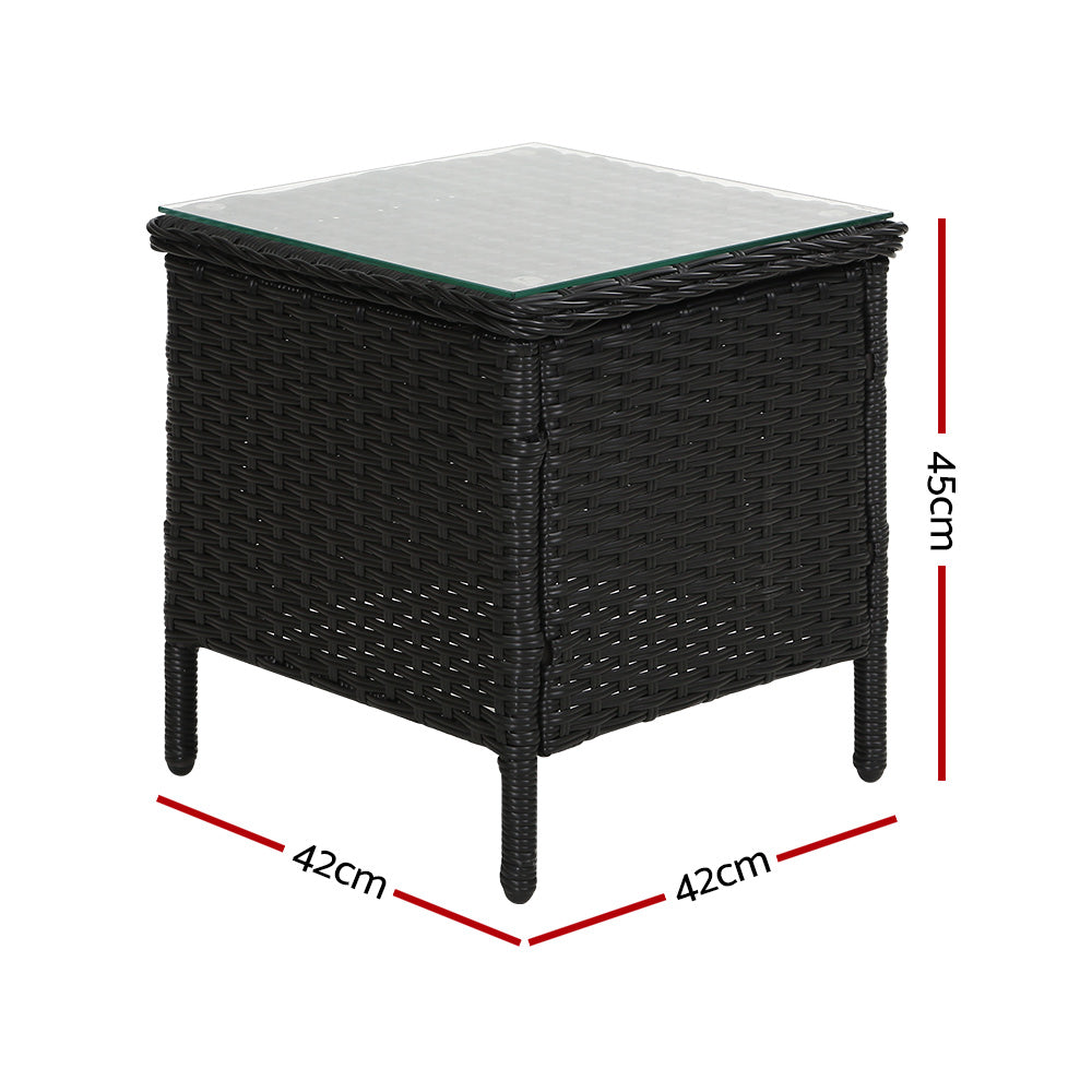 Gardeon Side Table featuring a stylish rattan weave and tempered glass top, perfect for outdoor and indoor use.