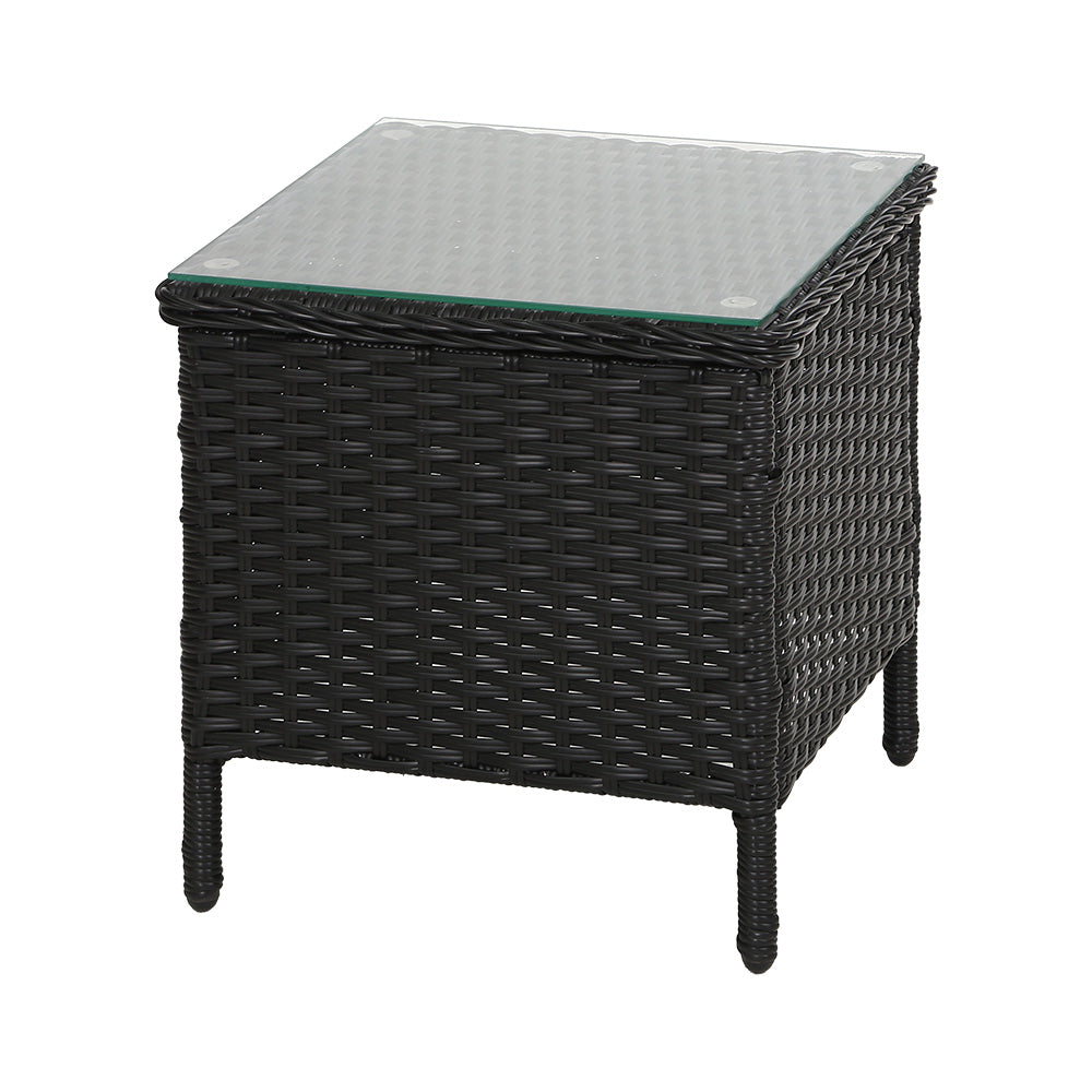 Gardeon Side Table featuring a stylish rattan weave and tempered glass top, perfect for outdoor and indoor use.