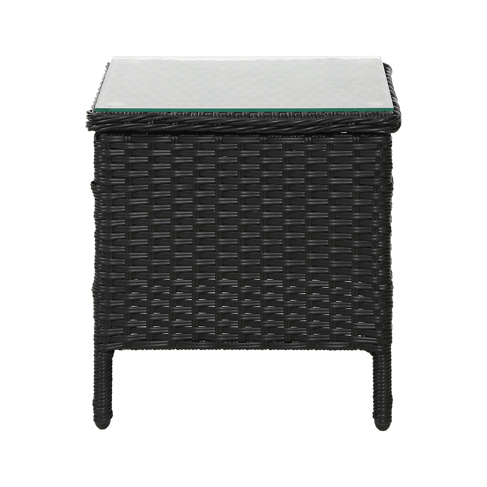 Gardeon Side Table featuring a stylish rattan weave and tempered glass top, perfect for outdoor and indoor use.