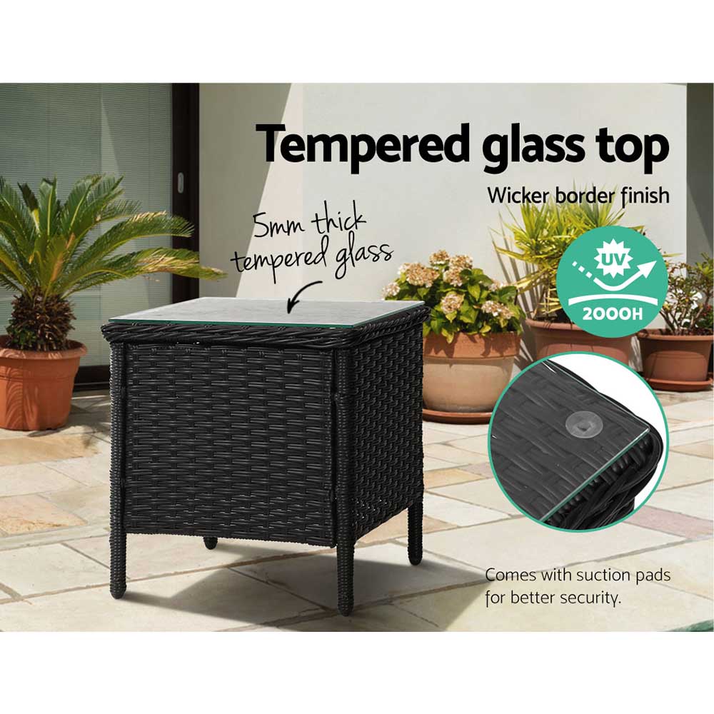 Gardeon Side Table featuring a stylish rattan weave and tempered glass top, perfect for outdoor and indoor use.