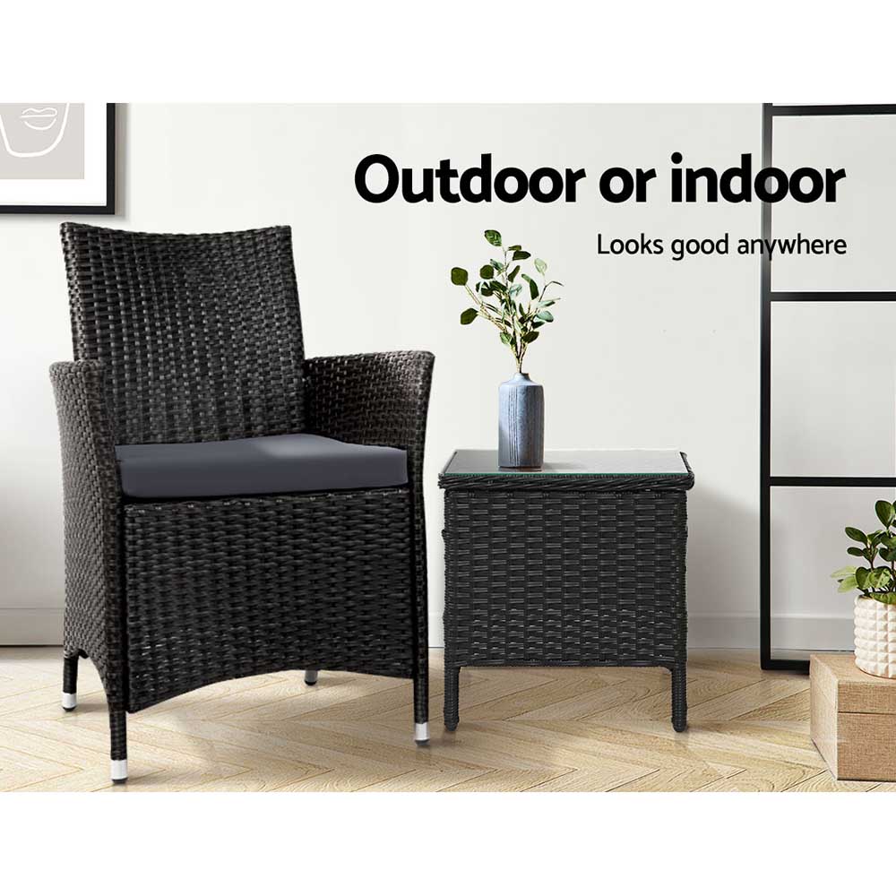 Gardeon Side Table featuring a stylish rattan weave and tempered glass top, perfect for outdoor and indoor use.