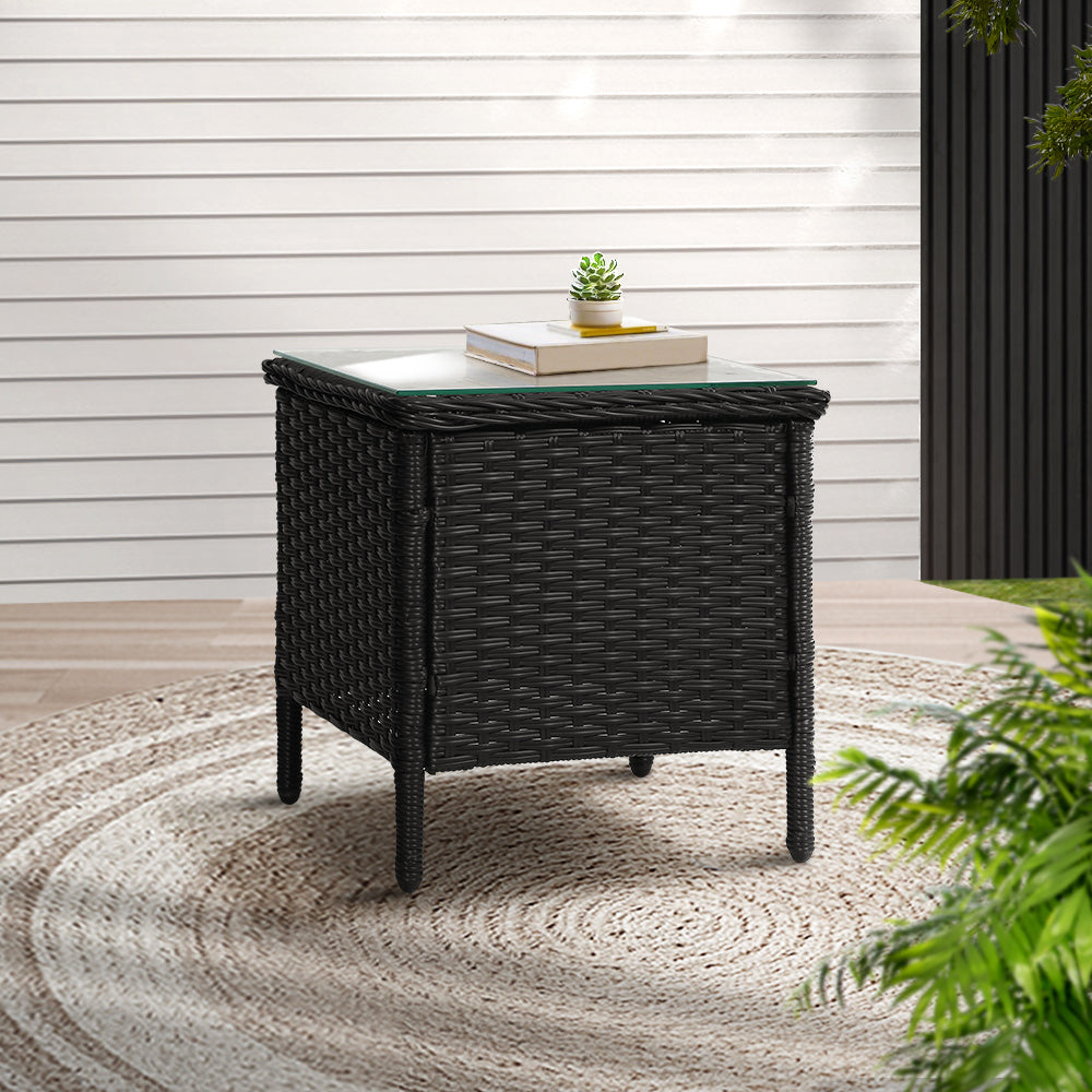 Gardeon Side Table featuring a stylish rattan weave and tempered glass top, perfect for outdoor and indoor use.