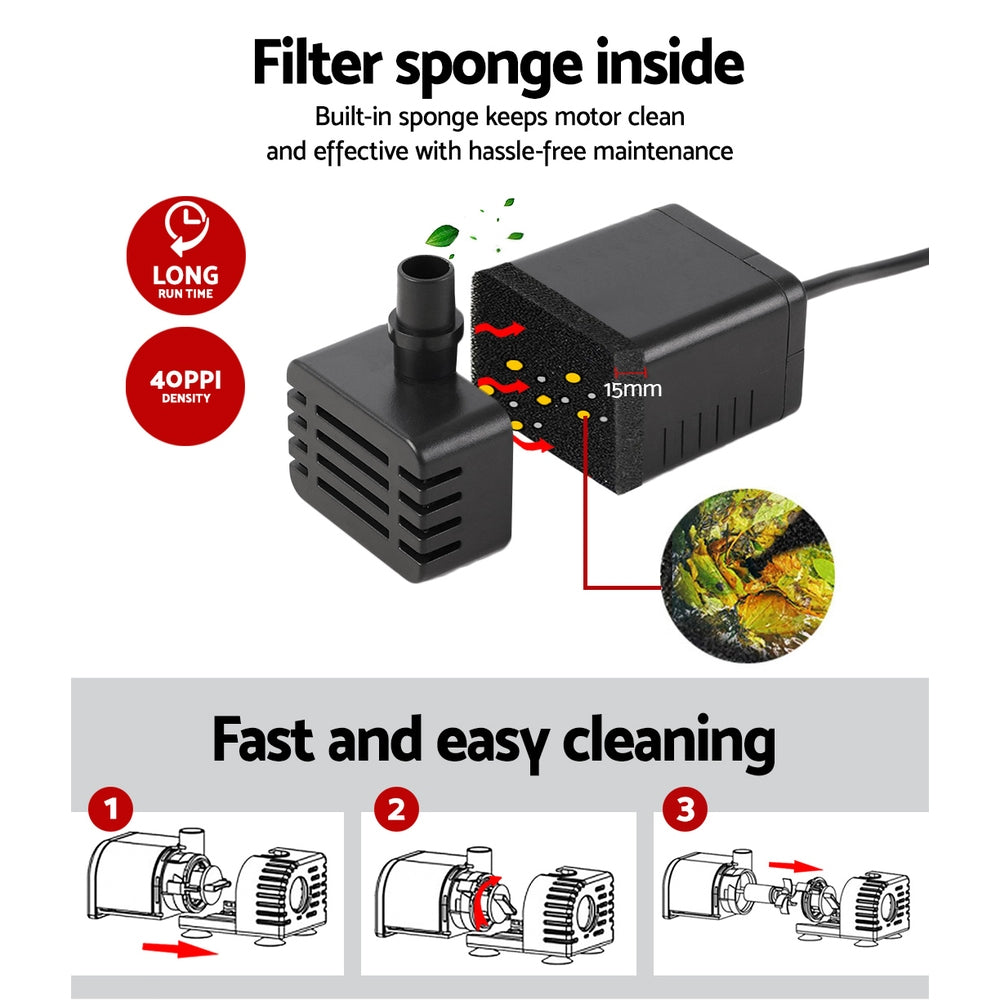 Gardeon Solar Pond Pump with Battery Kit, featuring solar panels and water fountain in a garden setting.