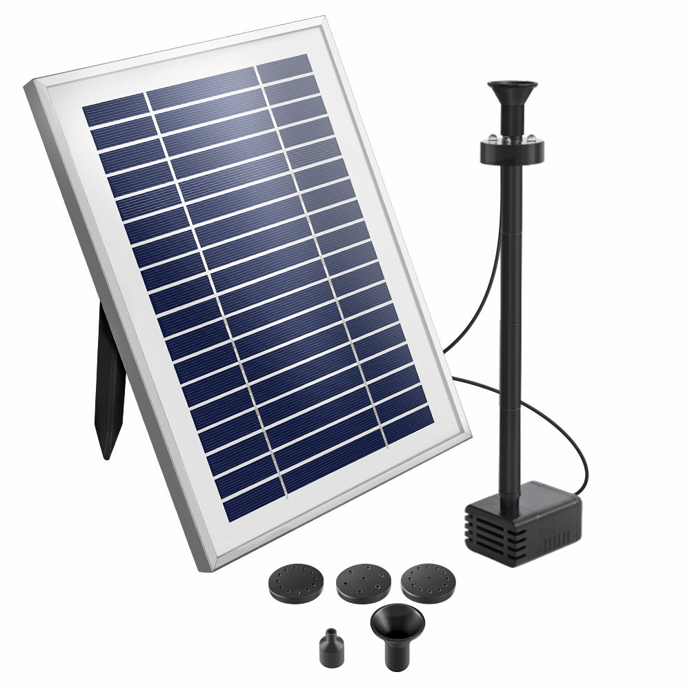 Gardeon Solar Pond Pump with Battery Kit, featuring solar panels and water fountain in a garden setting.