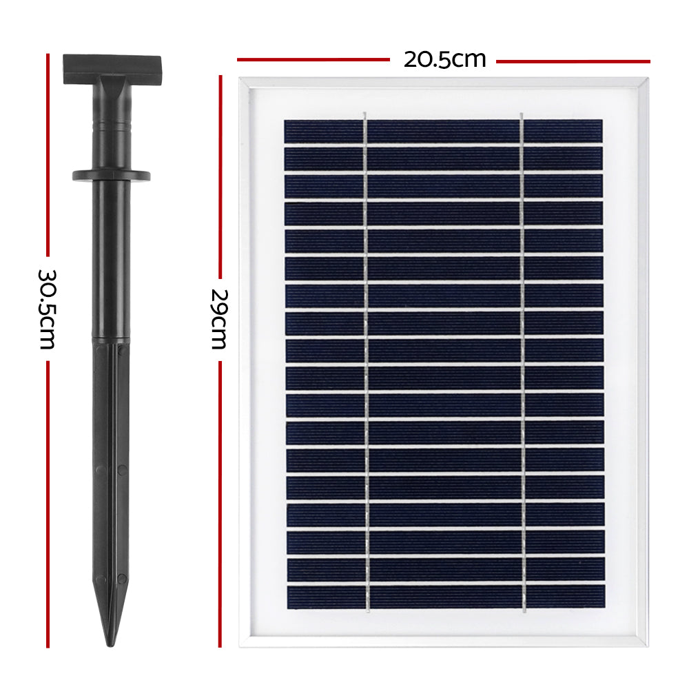 Gardeon Solar Pond Pump with Battery Kit, featuring solar panels and water fountain in a garden setting.