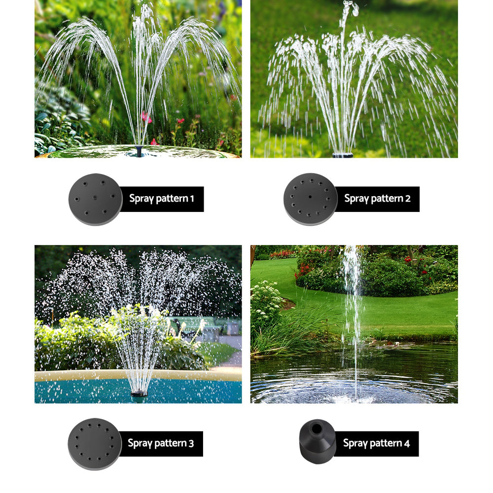 Gardeon Solar Pond Pump with Battery Kit, featuring solar panels and water fountain in a garden setting.