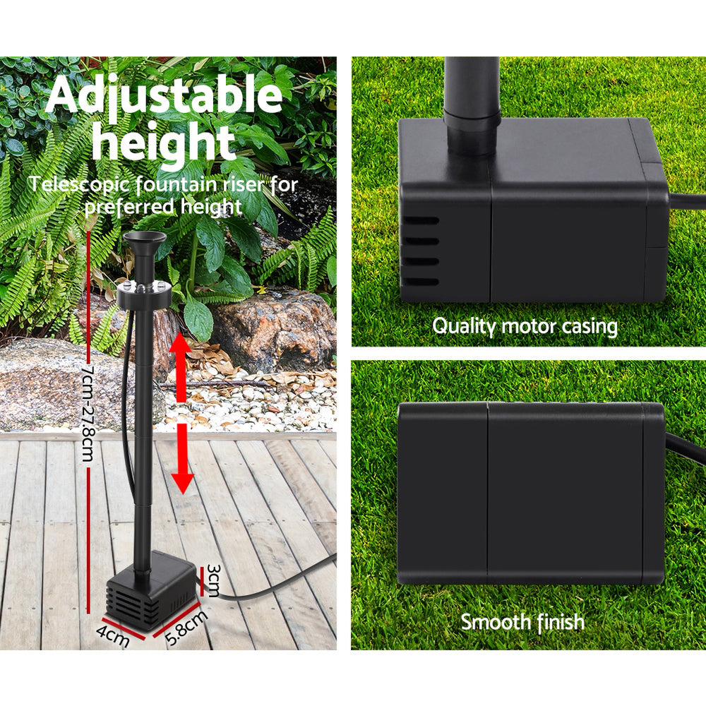 Gardeon Solar Pond Pump with Battery Kit, featuring solar panels and water fountain in a garden setting.