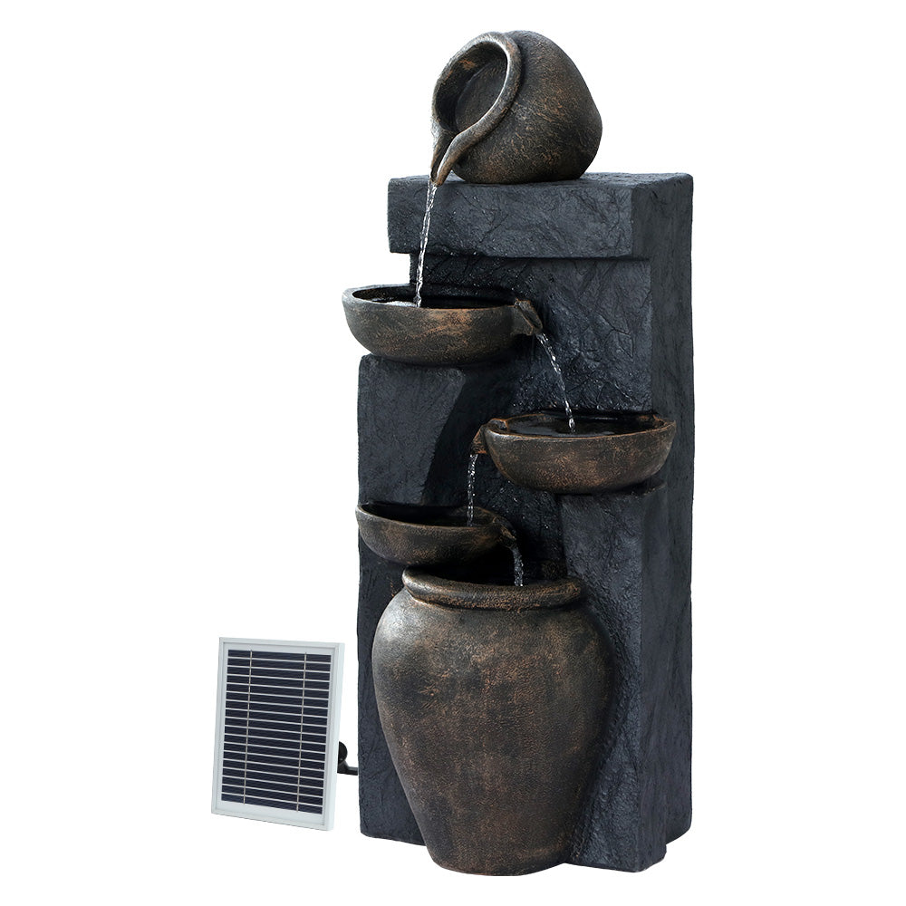 Gardeon Solar Water Fountain with 5-tier cascading design, showcasing intricate sculptural details and solar panel.