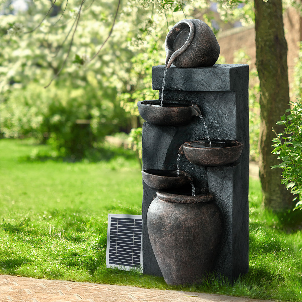 Gardeon Solar Water Fountain with 5-tier cascading design, showcasing intricate sculptural details and solar panel.