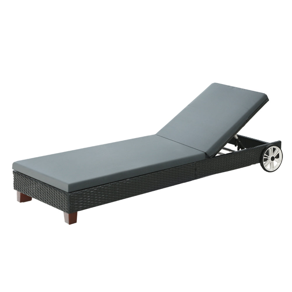 Gardeon Sun Lounge Wicker Lounger Day Bed with grey cushions and black frame, perfect for outdoor relaxation.