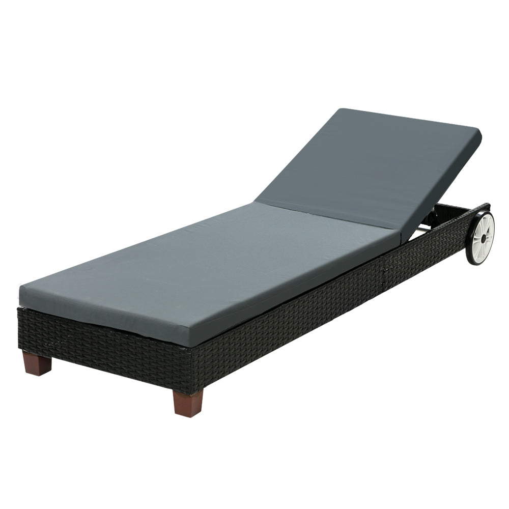 Gardeon Sun Lounge Wicker Lounger Day Bed with grey cushions and black frame, perfect for outdoor relaxation.