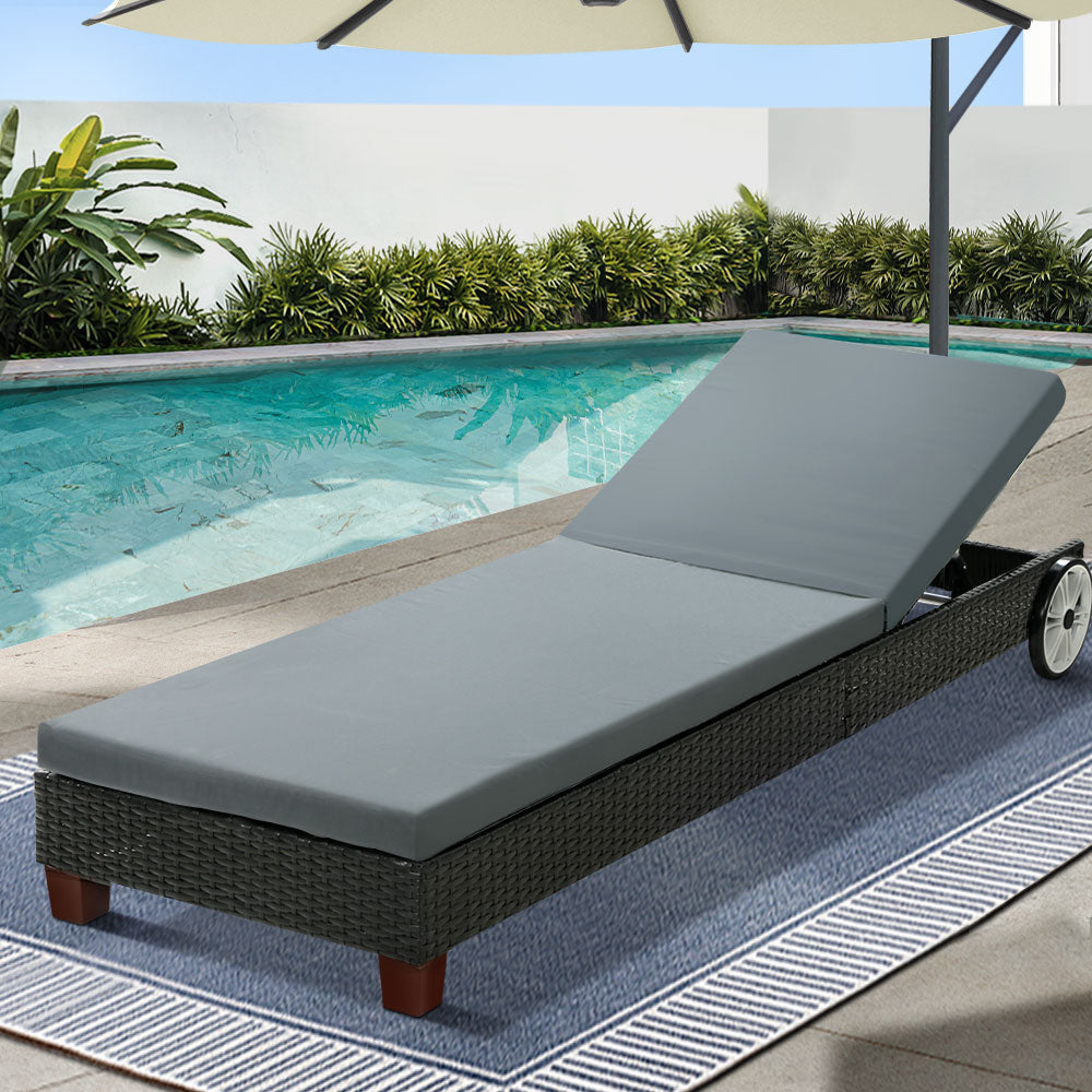 Gardeon Sun Lounge Wicker Lounger Day Bed with grey cushions and black frame, perfect for outdoor relaxation.