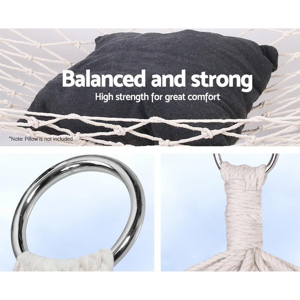 Gardeon Swing Hammock Bed in cream color, featuring solid wooden spreader bars and cotton rope, perfect for indoor and outdoor relaxation.