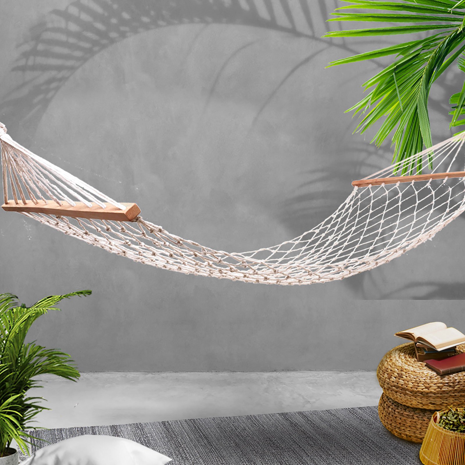 Gardeon Swing Hammock Bed in cream color, featuring solid wooden spreader bars and cotton rope, perfect for indoor and outdoor relaxation.