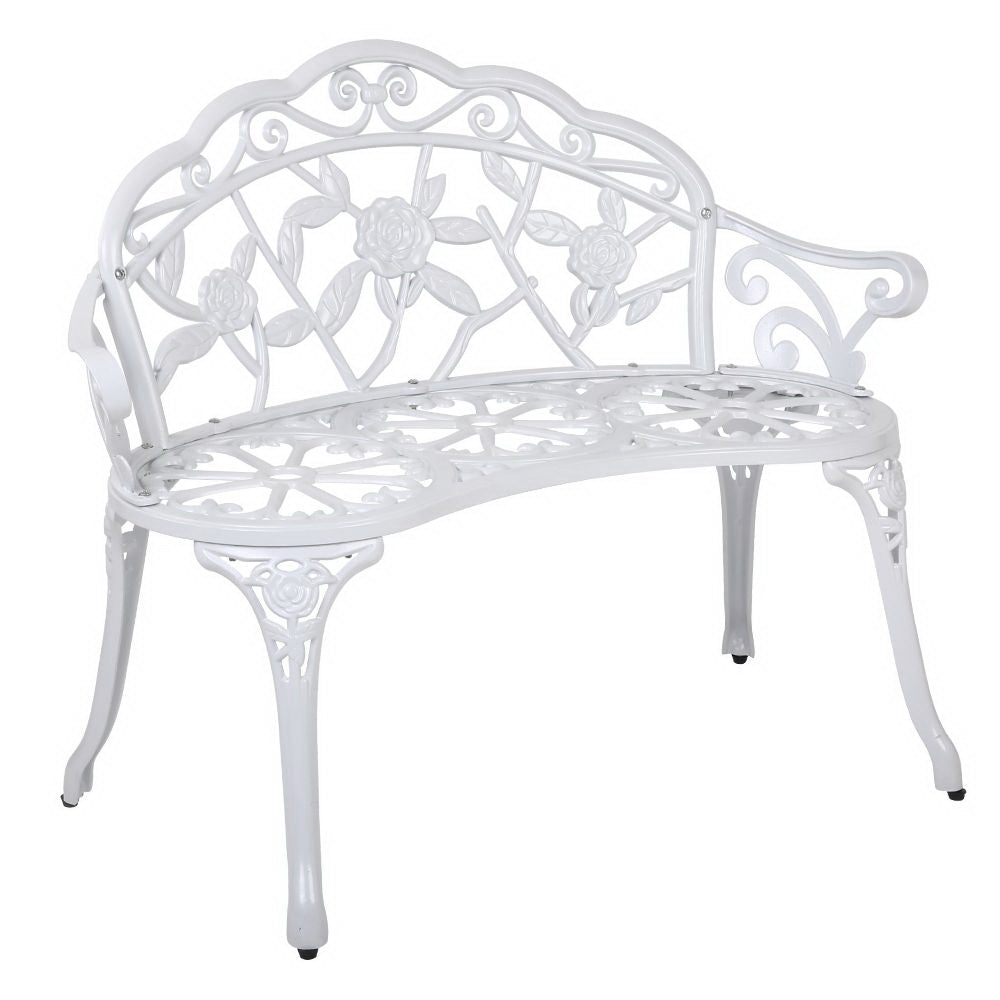 Gardeon Victorian Garden Bench in white with floral-patterned backrest and sturdy cast iron legs, perfect for outdoor settings.