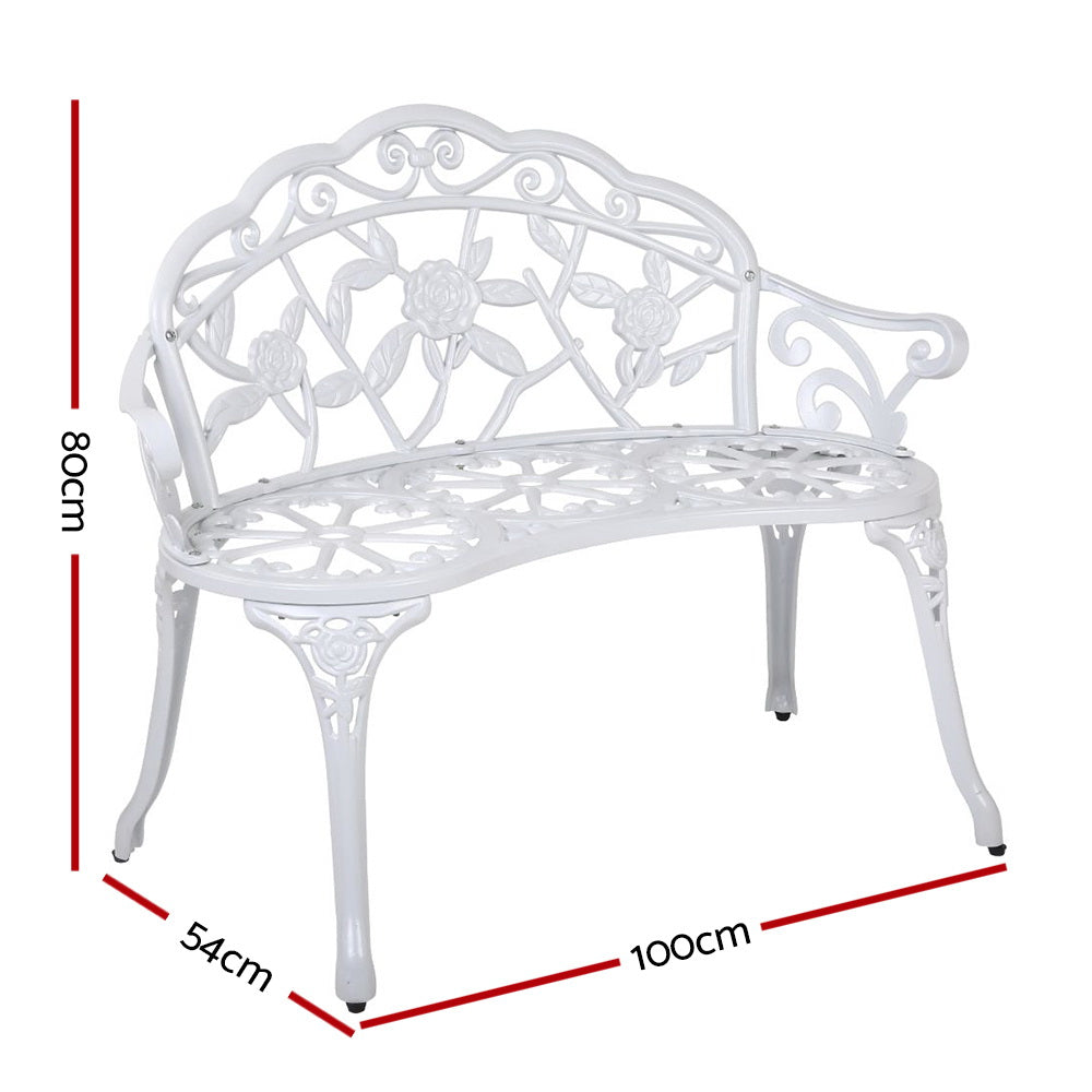 Gardeon Victorian Garden Bench in white with floral-patterned backrest and sturdy cast iron legs, perfect for outdoor settings.