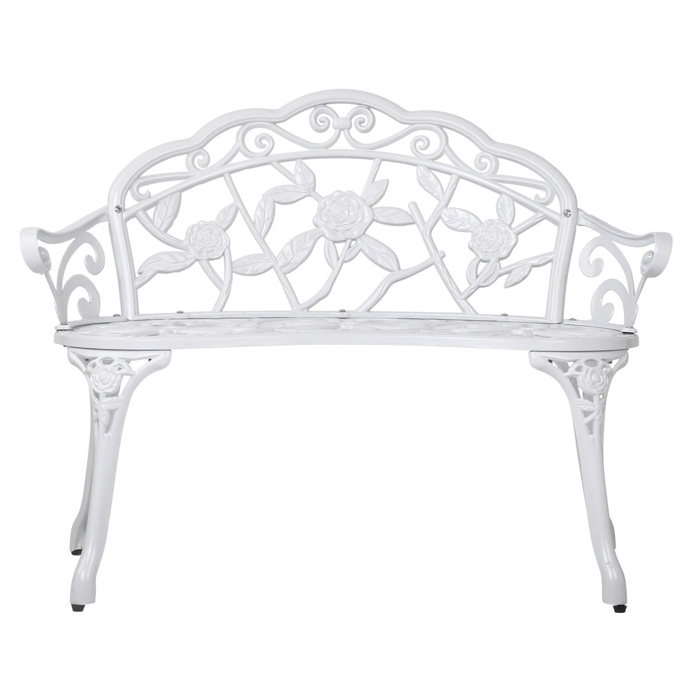 Gardeon Victorian Garden Bench in white with floral-patterned backrest and sturdy cast iron legs, perfect for outdoor settings.