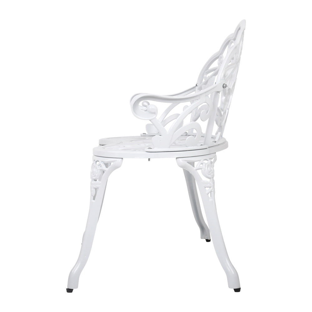 Gardeon Victorian Garden Bench in white with floral-patterned backrest and sturdy cast iron legs, perfect for outdoor settings.