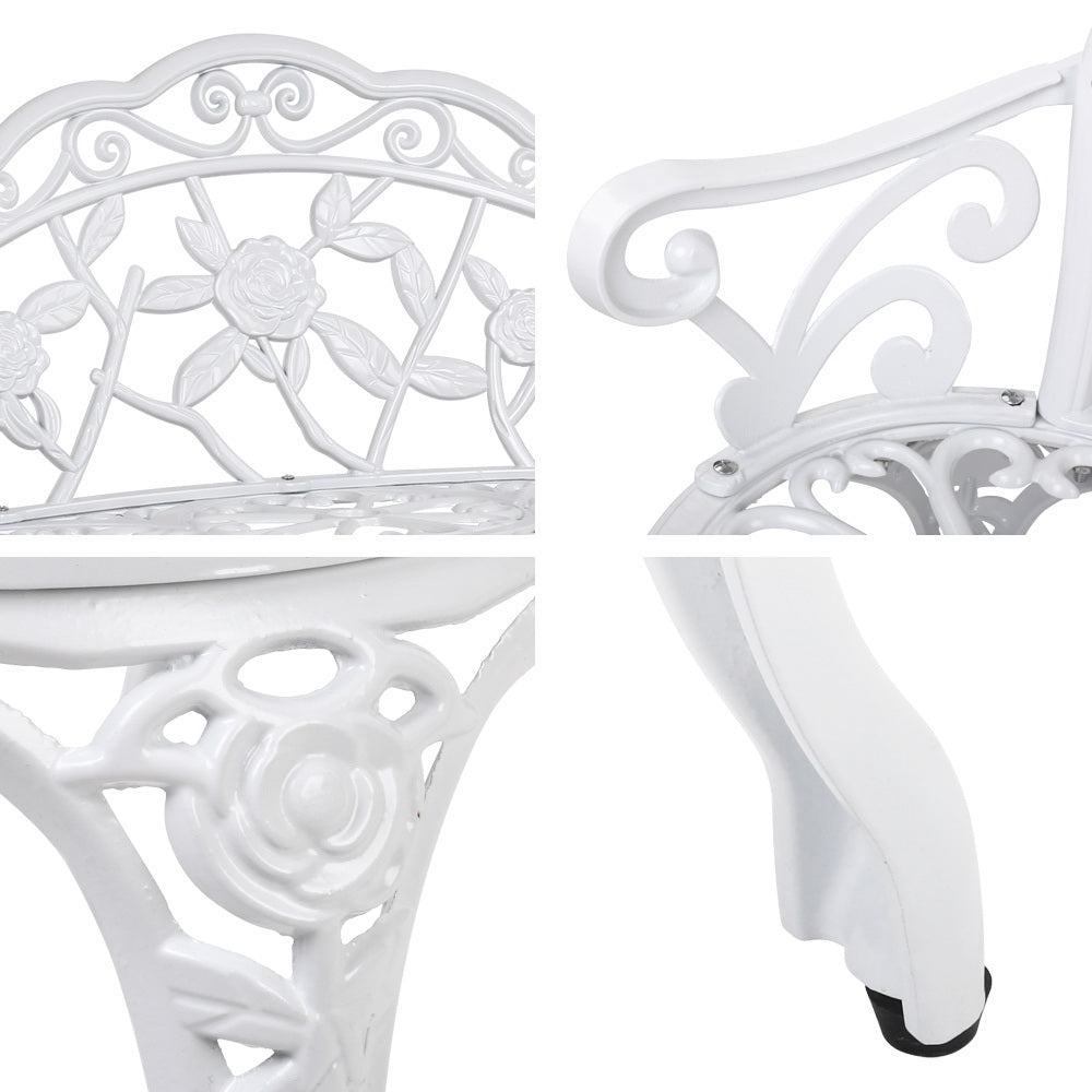 Gardeon Victorian Garden Bench in white with floral-patterned backrest and sturdy cast iron legs, perfect for outdoor settings.