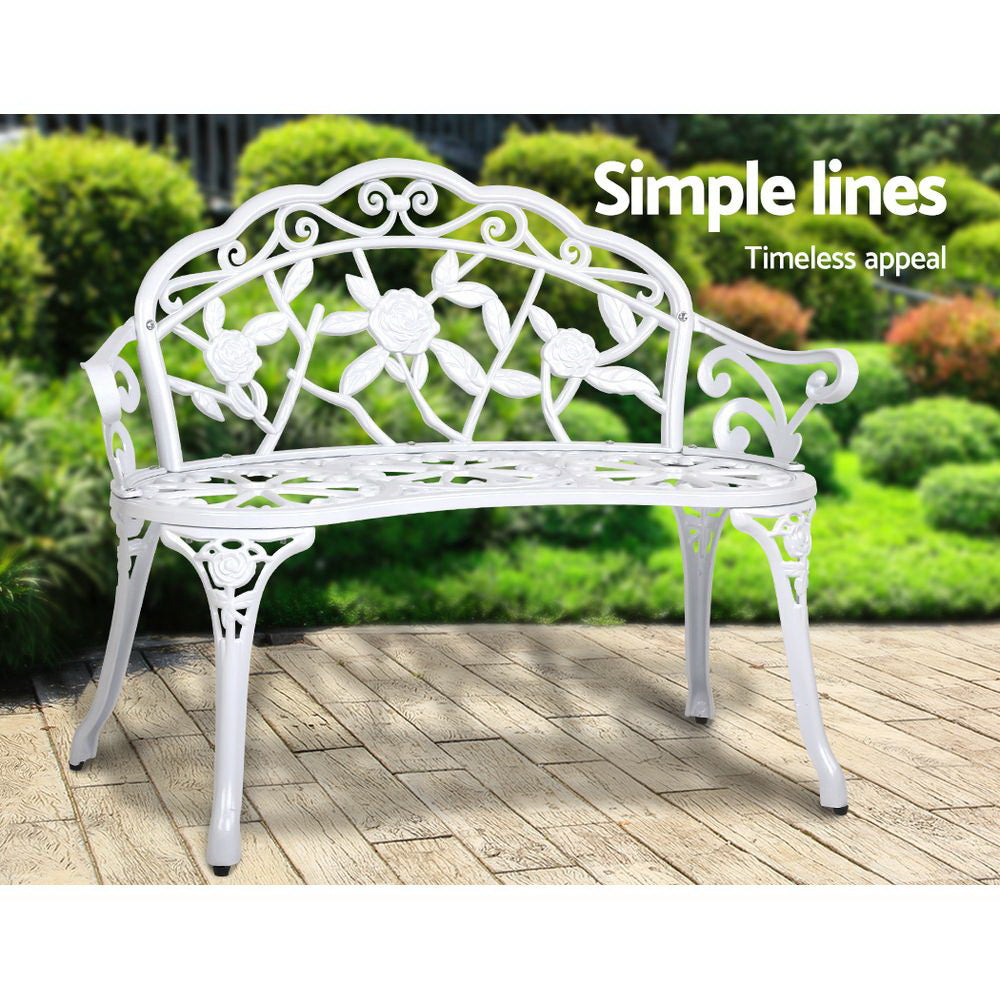 Gardeon Victorian Garden Bench in white with floral-patterned backrest and sturdy cast iron legs, perfect for outdoor settings.