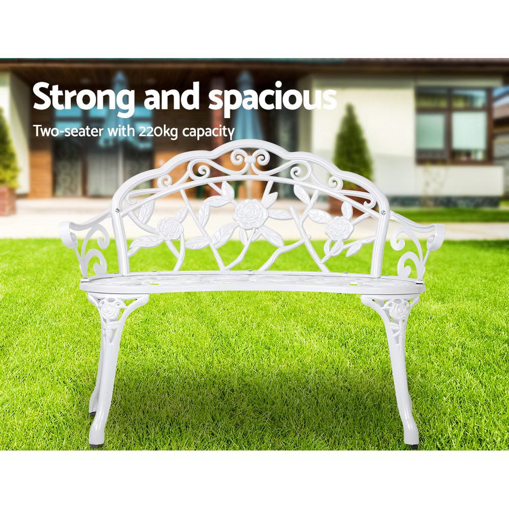 Gardeon Victorian Garden Bench in white with floral-patterned backrest and sturdy cast iron legs, perfect for outdoor settings.