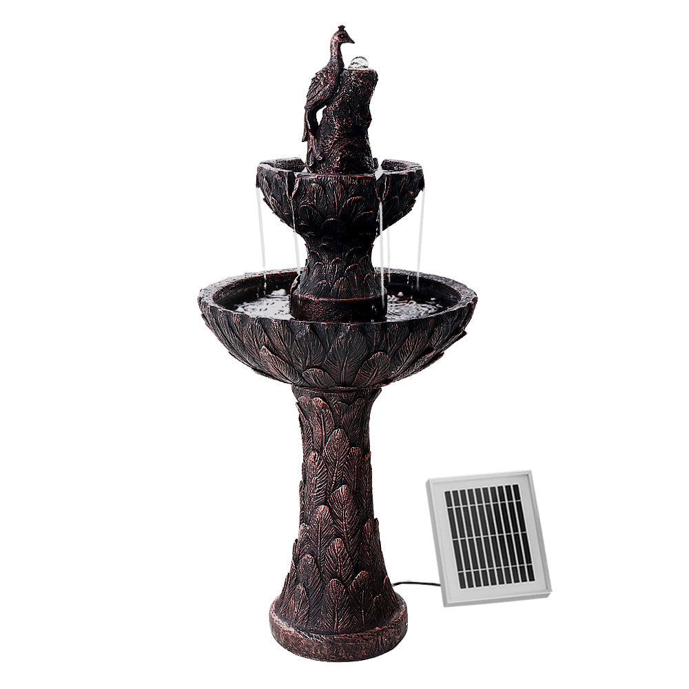 Gardeon Water Solar Fountain featuring a 3-tier bird bath with cascading waterfall, elegantly designed in brown polyresin for outdoor use.