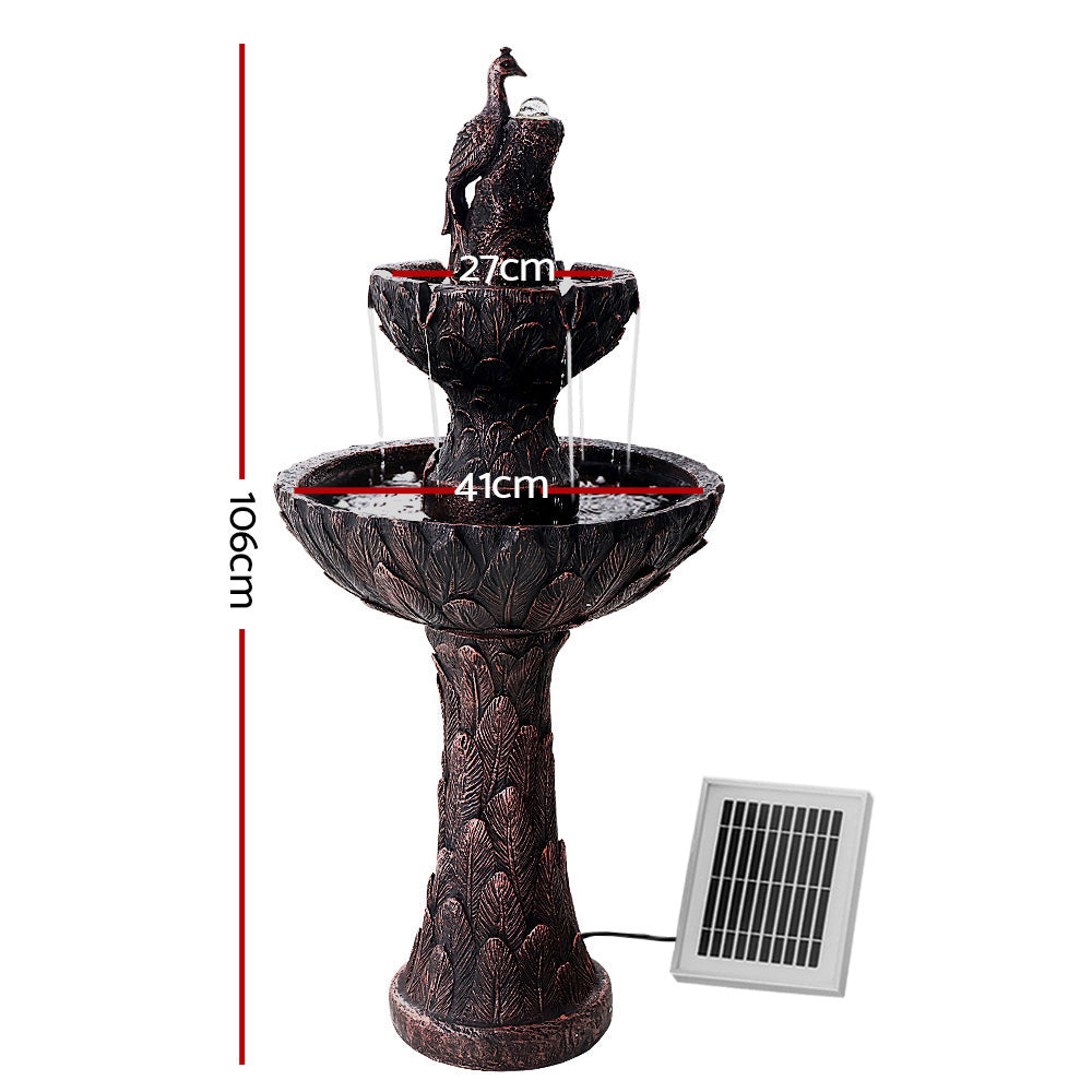 Gardeon Water Solar Fountain featuring a 3-tier bird bath with cascading waterfall, elegantly designed in brown polyresin for outdoor use.