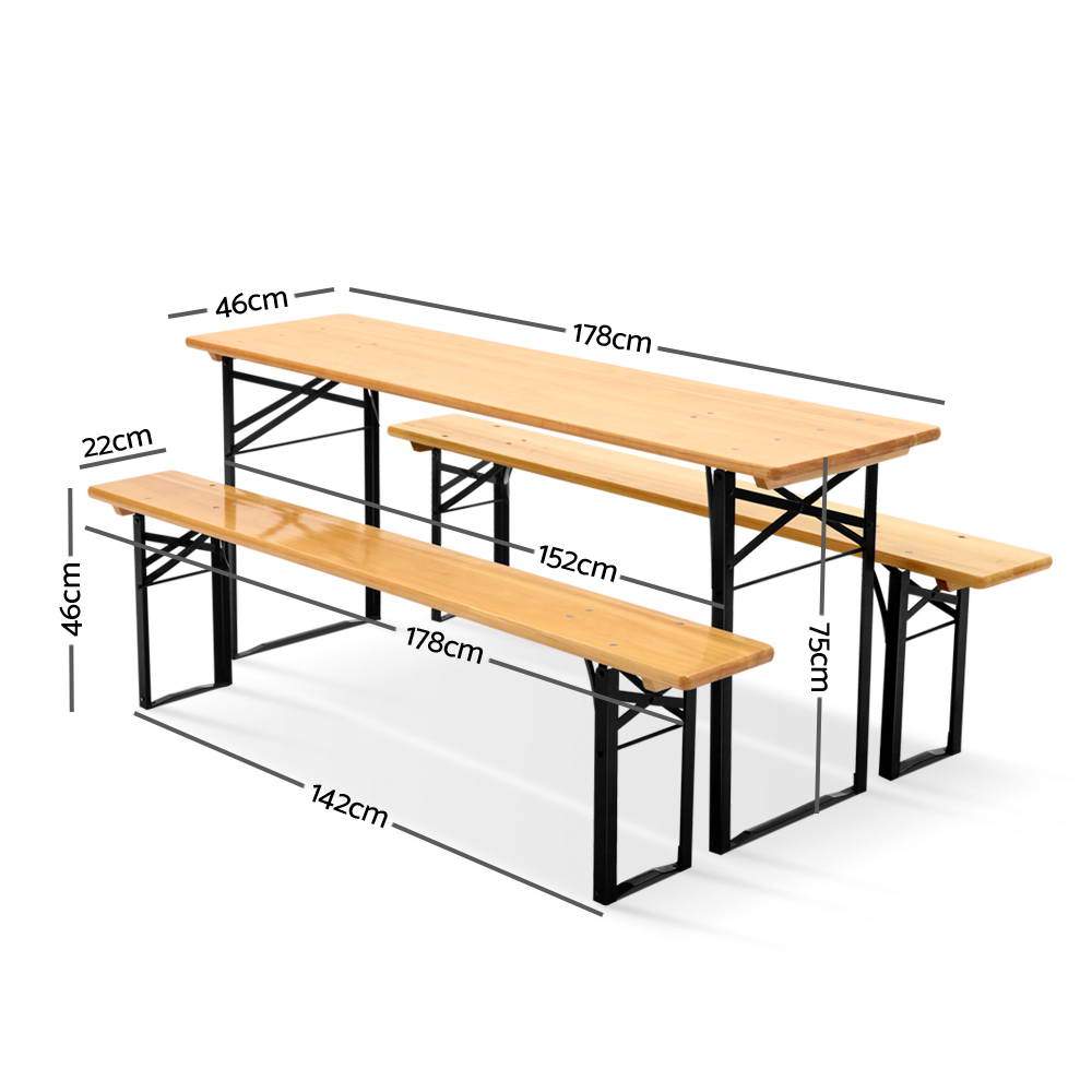 Gardeon Wooden Outdoor Foldable Bench Set featuring natural wood grain and sturdy metal legs, perfect for outdoor gatherings.