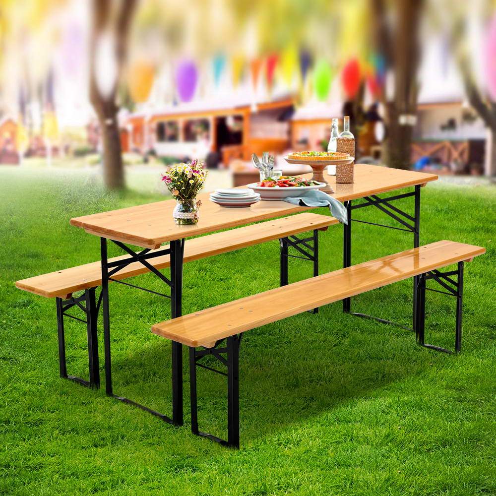 Gardeon Wooden Outdoor Foldable Bench Set featuring natural wood grain and sturdy metal legs, perfect for outdoor gatherings.