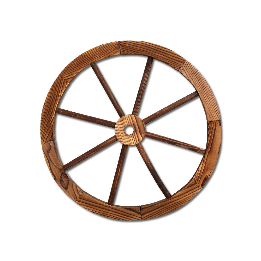 Gardeon Wooden Wagon Wheel made of fir wood with a rustic burnt finish, perfect for home and garden decor.