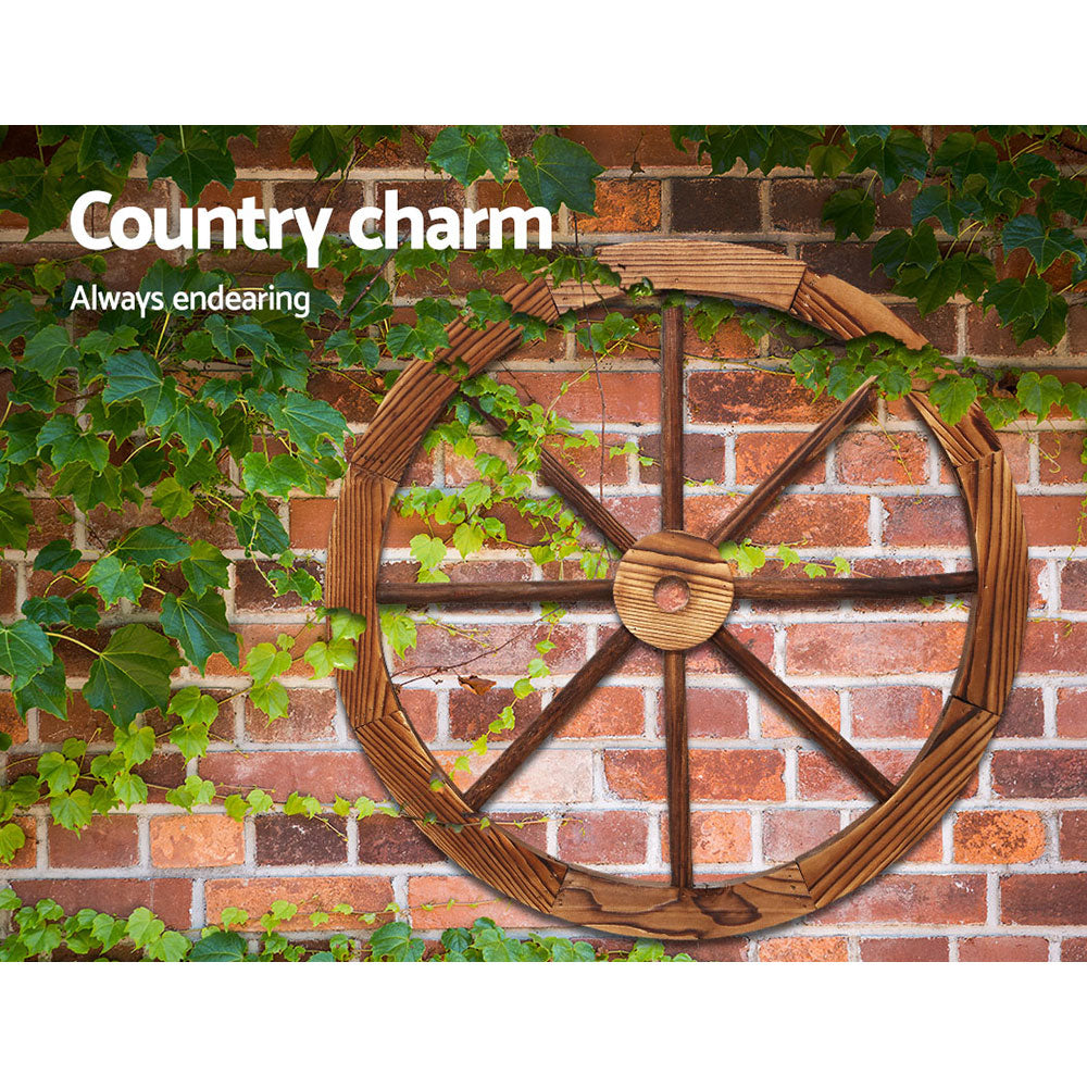 Gardeon Wooden Wagon Wheel made of fir wood with a rustic burnt finish, perfect for home and garden decor.