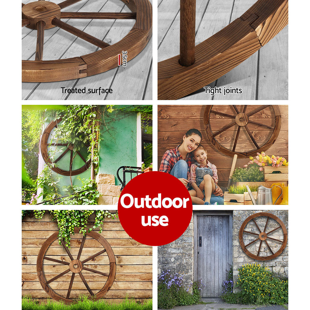 Gardeon Wooden Wagon Wheel made of fir wood with a rustic burnt finish, perfect for home and garden decor.