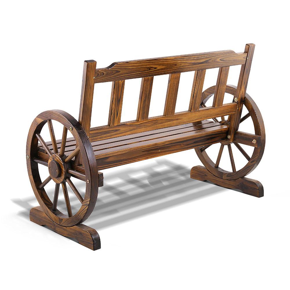 Gardeon Wooden Wagon Wheel Chair made of rustic Canadian Fir wood with wagon-wheel armrests, perfect for outdoor seating.