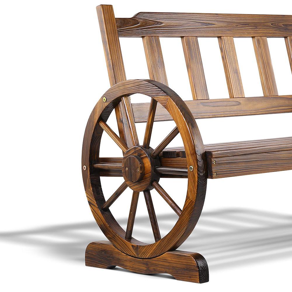 Gardeon Wooden Wagon Wheel Chair made of rustic Canadian Fir wood with wagon-wheel armrests, perfect for outdoor seating.